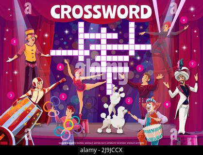 Palcoscenico del circo Shapito con artisti. Foglio di lavoro griglia parola incrociata. Trova un quiz di parola, un puzzle vettoriale di vocabolario, un foglio di lavoro di enigmi per l'apprendimento di parole e alfabeti con clown, tamer e mago, giocoliere, acrobat Illustrazione Vettoriale