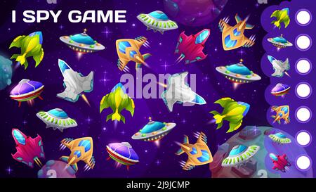 Cartoon galassia pianeti, UFO e navicelle spaziali. I foglio di lavoro di gioco di spy, i capretti il riddle di matematica o i bambini quiz la pagina del vettore di gioco con i rocketships aliene fantastici, i piattini volanti e battenti nelle stelle della galassia Illustrazione Vettoriale