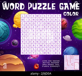 Pianeti spazio galassia fantastico, foglio di lavoro di gioco puzzle di ricerca di parola, griglia di quiz per bambini vettoriali. Educazione indovinello o colore parola gioco di ricerca con terra aliena e pianeti in spazio galattico in fantasia cosmica Illustrazione Vettoriale