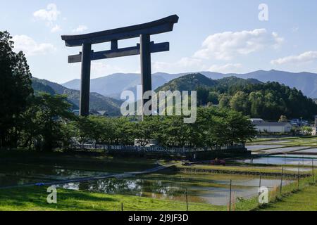 1 Honggucho Hongu, Tanabe, Wakayama, Giappone, 2022/02/05 , Oyunohara, complesso di Shinto che si allagò nel 1889, lasciando una porta Torii tra alberi famosi per gli spri Foto Stock