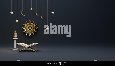 Happy Eid al Adha Islamic social media post, 3D rendering Quran, lanterna, e ornamento pattern sfondo. Foto Stock