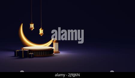 3D rendering Islamico podio display e vendita banner prodotto con luna Foto Stock