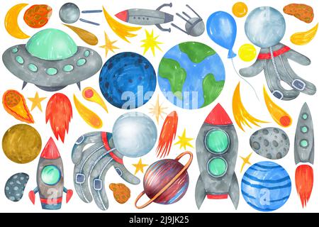 Acquerello spazio Clipart Spaceman Spaceship Planet Stars Foto Stock