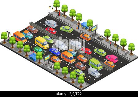 Concetto di ingorgo isometrico con diverse auto su alberi stradali e camminando persone isolato illustrazione vettoriale Illustrazione Vettoriale