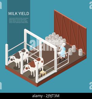 Concetto di produzione del latte con simboli di resa del latte illustrazione vettoriale isometrica Illustrazione Vettoriale