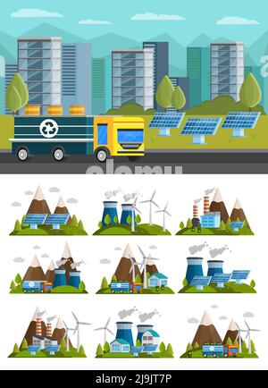 Composizioni ecologiche ortogonali isolate impostate con potenza tradizionale e alternativa fonti in montagna e paesaggio urbano illustrazione vettoriale Illustrazione Vettoriale