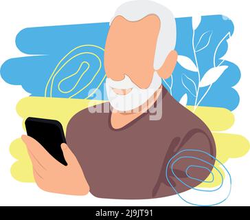 primo piano sorridendo senior bearded utilizzando smartphone Illustrazione Vettoriale