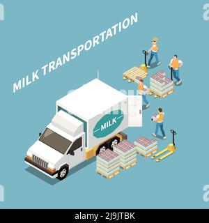Concetto di trasporto e logistica del latte con simboli isometrici dei prodotti lattiero-caseari illustrazione vettoriale Illustrazione Vettoriale