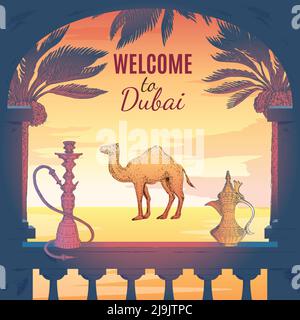 Composizione quadrata disegnata a mano di dubai con montatura a pipa di pipa da terrazza hookah icona del grattacielo palms e illustrazione vettoriale del testo decorativo Illustrazione Vettoriale