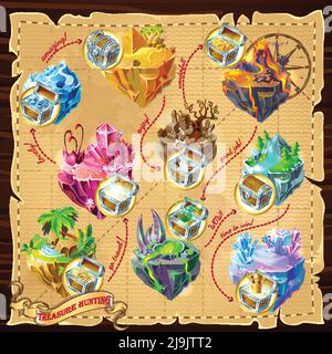 Livelli di gioco isometrico mappa sfondo con varie isole belle e. casse con tesori nascosti illustrazione vettoriale Illustrazione Vettoriale