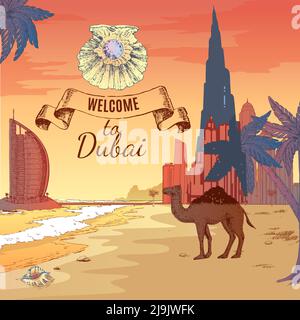 sfondo colorato di dubai disegnato a mano con moderne silhouette di edifici in riva al mare con le palme di sabbia del tramonto e l'illustrazione del vettore del cammello Illustrazione Vettoriale