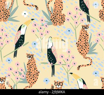 Simpatico toucan e cheetah senza cuciture pattern. Sfondo con animali, uccelli e fiori. Carta da parati perfetta per bambini e bambini. Illustrazione Vettoriale