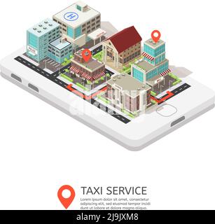 Servizio taxi mobile design isometrico con edifici urbani in piedi illustrazione vettoriale dei puntatori dello smartphone e della mappa Illustrazione Vettoriale