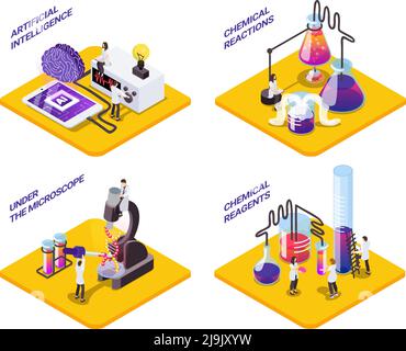 Set isometrico Science 4x1 di piattaforme con caratteri piccoli di scienziati con provette e illustrazioni vettoriali di testo Illustrazione Vettoriale