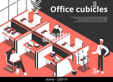 Ufficio cubicoli sfondo isometrico con testo modificabile e composizione di caratteri umani e luoghi di lavoro separati illustrazione vettoriale Illustrazione Vettoriale