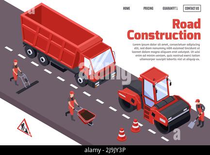 Costruzione stradale concetto isometrico con grande titolo e rosso macchine e bulldozer illustrazione vettoriale Illustrazione Vettoriale