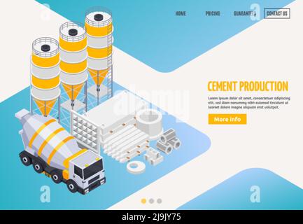 Produzione cemento cemento pagina web di atterraggio isometrico con più pulsante info link cliccabili e immagini illustrazione vettoriale Illustrazione Vettoriale