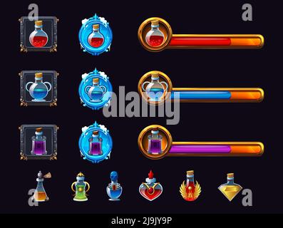 Realistic set of colorful magic potion and indicator symbols for rpg isolated on black background vector illustration Illustrazione Vettoriale