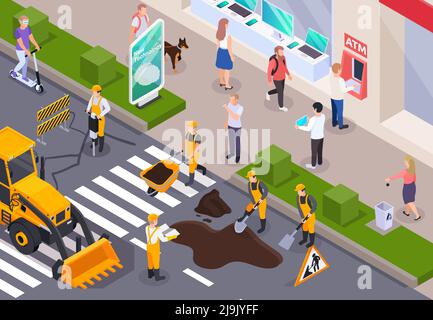 Costruzione di strade colorate e isometriche composizione riparazione e scavo su strade urbane illustrazione vettoriale Illustrazione Vettoriale