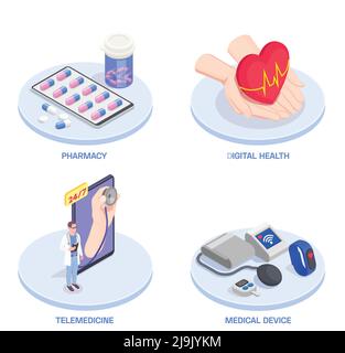 Telemedicina digitale salute composizioni isometriche set con quattro piattaforme varie illustrazione vettoriale degli oggetti sanitari e delle didascalie di testo modificabili Illustrazione Vettoriale