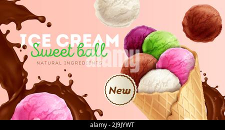 Gelato palline colorate dolci con ingredienti naturali nuovo dessert con spruzzata di cioccolato immagine vettoriale di composizione realistica Illustrazione Vettoriale