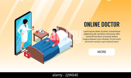 Banner isometrico online medicina orizzontale con più pulsante testo modificabile e lo smartphone dei pazienti con illustrazione vettoriale di uno specialista medico Illustrazione Vettoriale