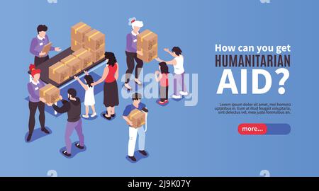 Volontari che danno scatole con aiuto umanitario a persone bisognose 3d illustrazione vettoriale banner isometrica Illustrazione Vettoriale