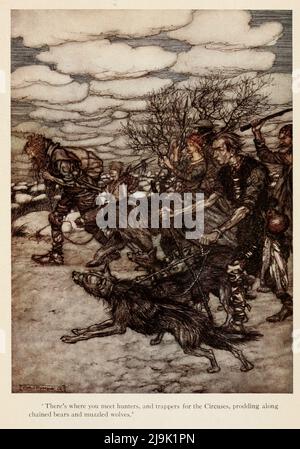 C'è dove si incontrano cacciatori, e trappers per i Circuses, prodding lungo gli orsi incatenati e lupi mazzati dal libro ' Puck of Pook's Hill ' di Rudyard Kipling, 1865-1936; illustrato da Arthur Rackham, 1867-1939, Publisher New York : Doubleday, Page 1906 Puck of Pook's Hill è un libro fantasy di Rudyard Kipling, pubblicato nel 1906, che contiene una serie di racconti brevi ambiati in diversi periodi della storia inglese. Può contare sia come fantasia storica – dal momento che alcune delle storie raccontate del passato hanno chiari elementi magici, sia come fantasia contemporanea – dal momento che raffigura un becco magico Foto Stock