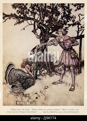 Hoity-toity! ' gridò. ' Ecco Pride in piume viola! Ecco il disprezzo dell'ira e i Pombi della carne!' E doffì il cappuccio all'uccello che gorgogliava dal libro ' Puck of Pook's Hill ' di Rudyard Kipling, 1865-1936; illustrato da Arthur Rackham, 1867-1939, Publisher New York : Doubleday, Page 1906 Puck of Pook's Hill è un libro fantasy di Rudyard Kipling, pubblicato nel 1906, che contiene una serie di racconti brevi ambiati in diversi periodi della storia inglese. Può contare sia come fantasia storica – dal momento che alcune delle storie raccontate del passato hanno chiari elementi magici, sia come empor Foto Stock