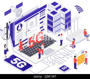 Moderna comunicazione Internet 5G tecnologia di progettazione isometrica concetto con piccolo caratteri vicino all'illustrazione vettoriale dell'attrezzatura grande Illustrazione Vettoriale