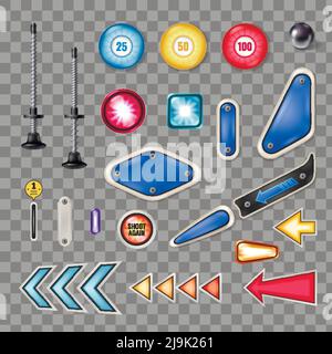 Collezione realistica di parti per macchine a flipper con pistone a sfera in acciaio lampeggiante le luci intrappolano l'illustrazione vettoriale trasparente di sfondo isolata Illustrazione Vettoriale