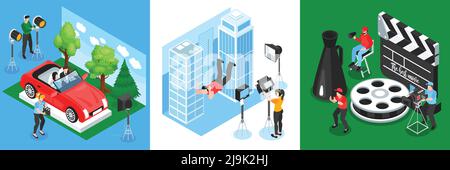 Concetto di disegno cinematografico isometrico con composizioni quadrate di varie riprese luoghi con attori e troupe di tiro illustrazione vettoriale Illustrazione Vettoriale