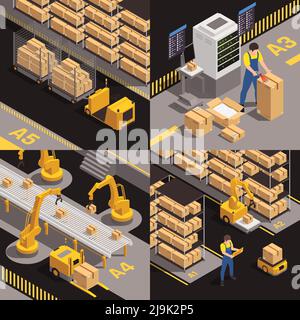 Concetto di magazzino moderno 4 composizioni isometriche con robotica completamente automatizzata illustrazione vettoriale isolata del vano di carico del nastro trasportatore Illustrazione Vettoriale