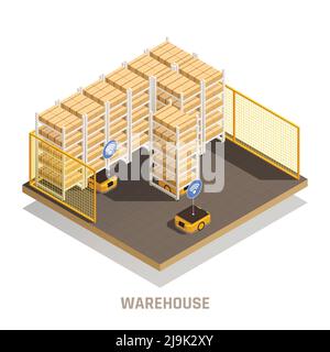 Magazzino moderno attrezzatura robotica completamente automatizzata e controllata da computer per il carico illustrazione del vettore di composizione isometrica della distribuzione dell'inseguimento della conservazione Illustrazione Vettoriale