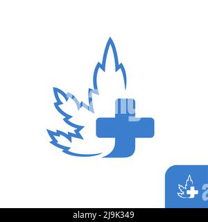 Foglia di Mariuhana con logo a croce, segno medico di cannabis. Simbolo grafico per il sito Web e il design delle applicazioni, il logo, l'app, l'interfaccia utente Illustrazione Vettoriale