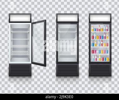 Bevande frigoriferi vuoto chiuso aperto display porta riempito con colorati bottiglie di rinfreschi set realistico trasparente illustrazione vettoriale Illustrazione Vettoriale