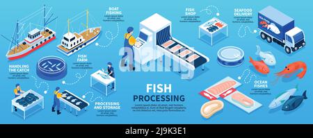 Trattamento dei pesci programma di infografica isometrica dalla pesca in barca e dalla fattoria di pesce alla consegna di frutti di mare nell'illustrazione del vettore di negozio Illustrazione Vettoriale