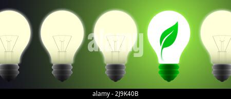 Banner vettoriale Clean Green Energy Concept. Lampadina ecologica a balestra, rispetto alle vecchie lampadine tradizionali. Illustrazione Vettoriale