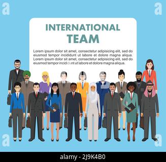 Gruppo di persone creative isolate su sfondo blu. Insieme di diversi uomini d'affari che si riuniscono. Diverse nazionalità e stili di abbigliamento. Carino Illustrazione Vettoriale