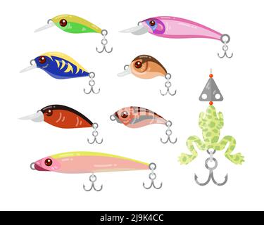 Set di illustrazioni cartoon di esca artificiale per la pesca. Esche da pesca con ganci, maschere di forme diverse isolate su sfondo bianco. Sport, hobby, attrezzatura, Illustrazione Vettoriale