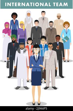 Gruppo di persone creative isolate su sfondo bianco. Insieme di diversi uomini d'affari che si riuniscono. Diverse nazionalità e stili di abbigliamento. Taglia Illustrazione Vettoriale