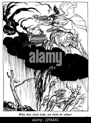 Quando queste nuvole si sono spezzate, guai a betide le valli del libro ' RIP Van Winkle ' di Washington Irving, 1783-1859; illustrato da Arthur Rackham, 1867-1939 Data di pubblicazione 1919 Editore New York Doubleday, pagina 'RIP Van Winkle' è una breve storia dell'autore americano Washington Irving, pubblicata per la prima volta nel 1819. Segue un villager olandese-americano in America coloniale chiamato RIP Van Winkle che incontra misteriosi Dutchmen, imbibisce il loro liquore e si addormenta nelle Catskill Mountains. Si risveglia 20 anni dopo in un mondo molto mutato, dopo aver perso la Rivoluzione americana. Foto Stock