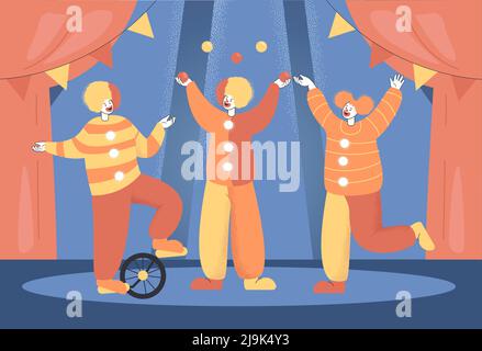 I clown dei cartoni animati o i giocolieri che si esibiscono allo spettacolo del circo. Poster circo o carta da parati, con personaggi comici o joker su illustrazione vettoriale piatta arena. Illustrazione Vettoriale