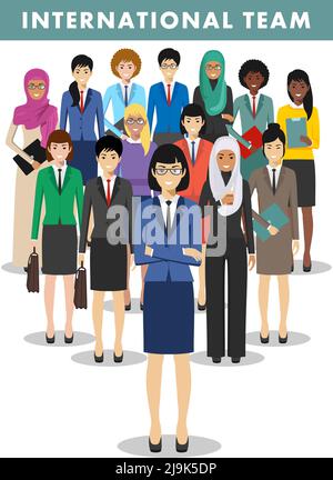 Gruppo di persone creative isolate su sfondo bianco. Insieme di diversi uomini d'affari che si riuniscono. Diverse nazionalità e stili di abbigliamento. Taglia Illustrazione Vettoriale