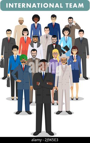 Gruppo di persone creative isolate su sfondo bianco. Insieme di diversi uomini d'affari che si riuniscono. Diverse nazionalità e stili di abbigliamento. Taglia Illustrazione Vettoriale