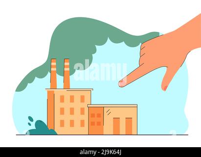 Mano gigante che punta alla fabbrica con emissioni industriali. Fumo e sostanze chimiche inquinamento aria piatta illustrazione vettoriale. Ecologia, inquinamento, industria con Illustrazione Vettoriale