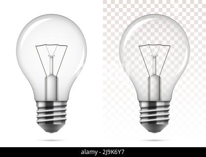 Lampadina a incandescenza realistica isolata su sfondo bianco e trasparente. Illustrazione vettoriale della lampadina di vecchio stile. Illustrazione Vettoriale