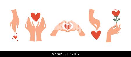 Palme e simbolo del cuore, icone piatte impostate. Il concetto di amore di sé, cura per i propri cari, feedback. Cartoon vettore illustrazione di massaggio, cosmet Illustrazione Vettoriale