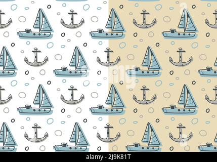 Linea d'inchiostro Doodle senza cuciture. Disegno a mano stile cartoon disegno illustrazione, vita marina oggetti, simboli. Tavolozza di colori blu, beige, nero Illustrazione Vettoriale