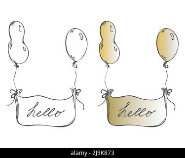 Banner, palloncino fumetto illustrazione della linea di inchiostro. Disegno a mano in stile cartone animato, parola hello lettering, spazio di testo. Set di modelli per contorni e colori Illustrazione Vettoriale